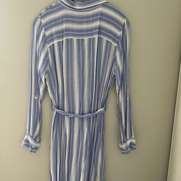 Blue-white striped collar shirt dress with belt , Size L - Picture 1 of 2